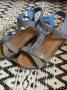 Yoki Light Blue Denim T‑Strap Sandals with Rhinestone Crisscross